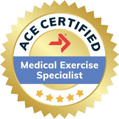 a badge with the text medical exercise specialist and five stars